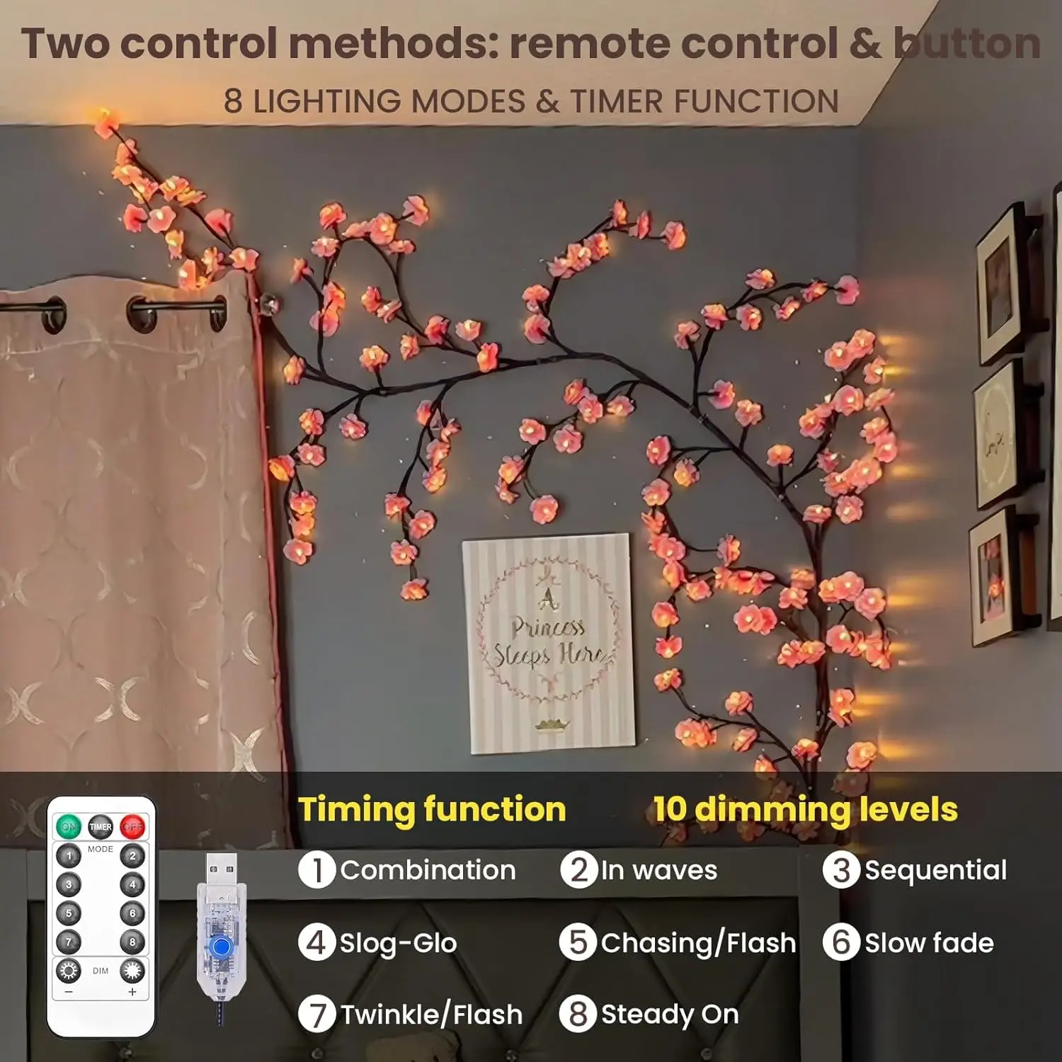زهر الكرز الصفصاف الكرمة غصين  - مراجعة Wall Decor Lighting Tree وسعره